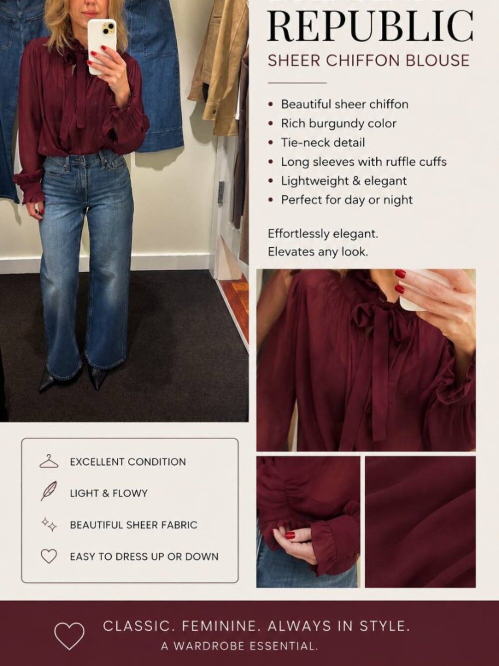 Banana Republic Sheer Chiffon Blouse – Burgundy 🍷